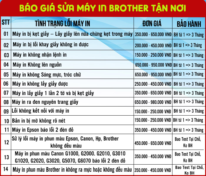 bang bao gia sua may in Brother